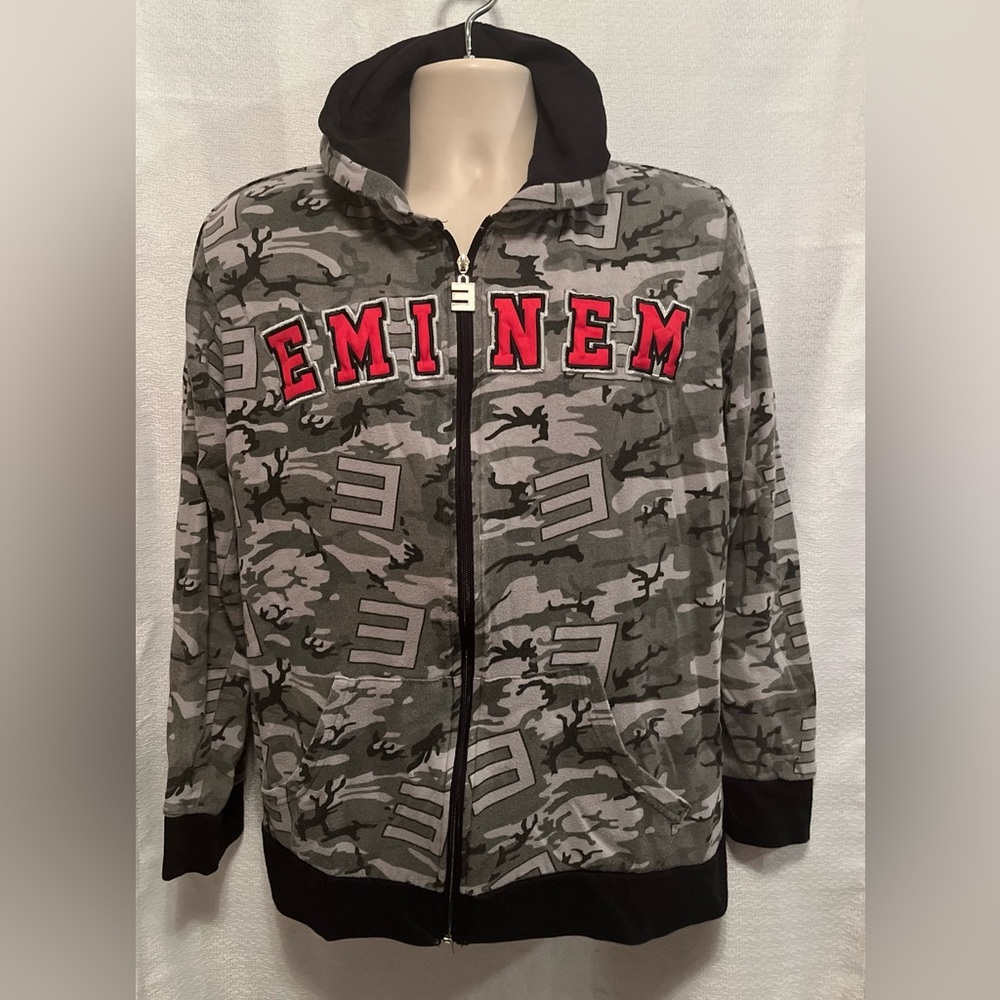 Eminem Y2K Camo All Over Print Full Zip Hoodie Sweatshirt Adult M Gray Rap God